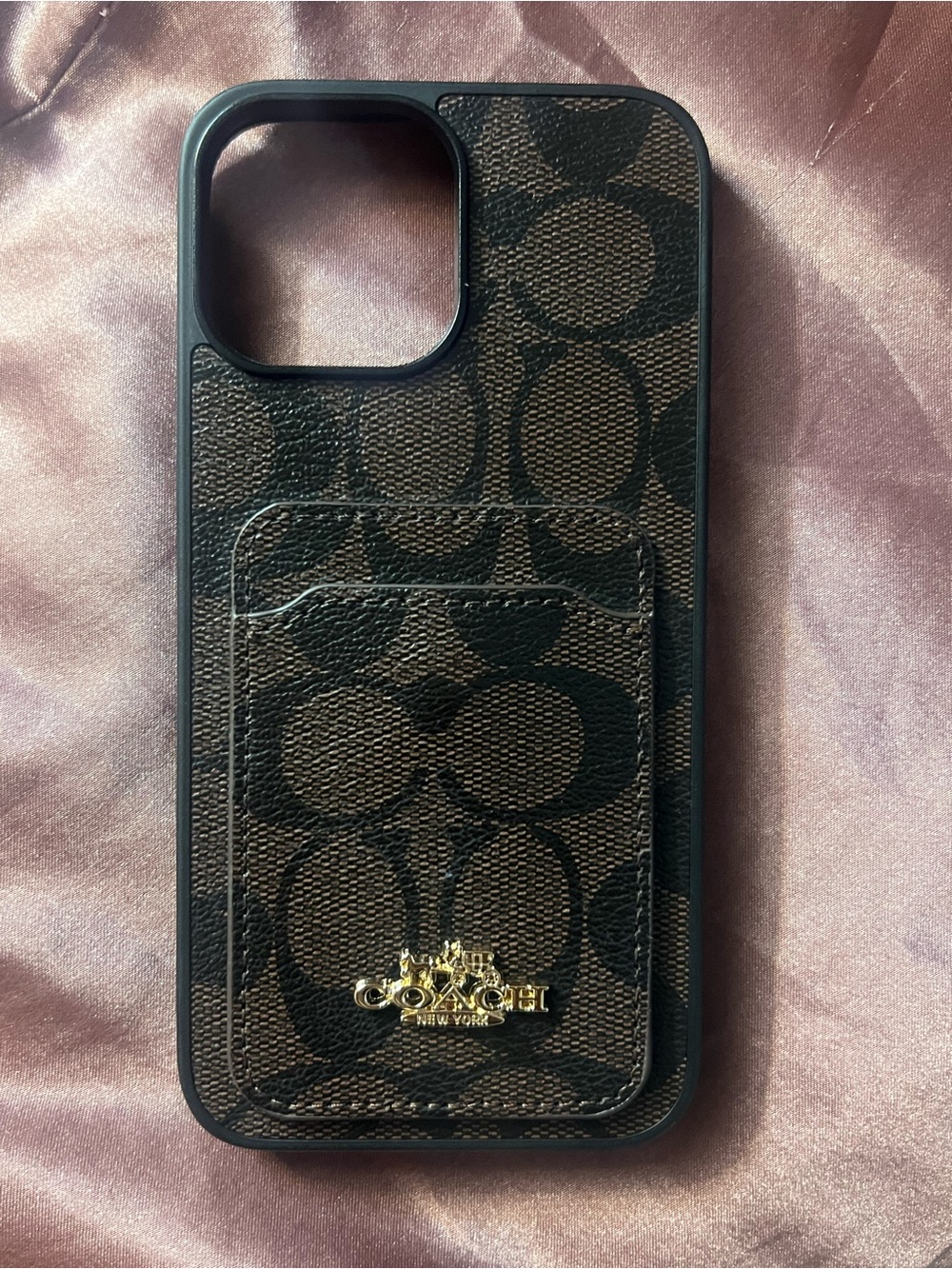 Coach Brown Signature Canvas Card Slot Phone Case with Gold Logo
